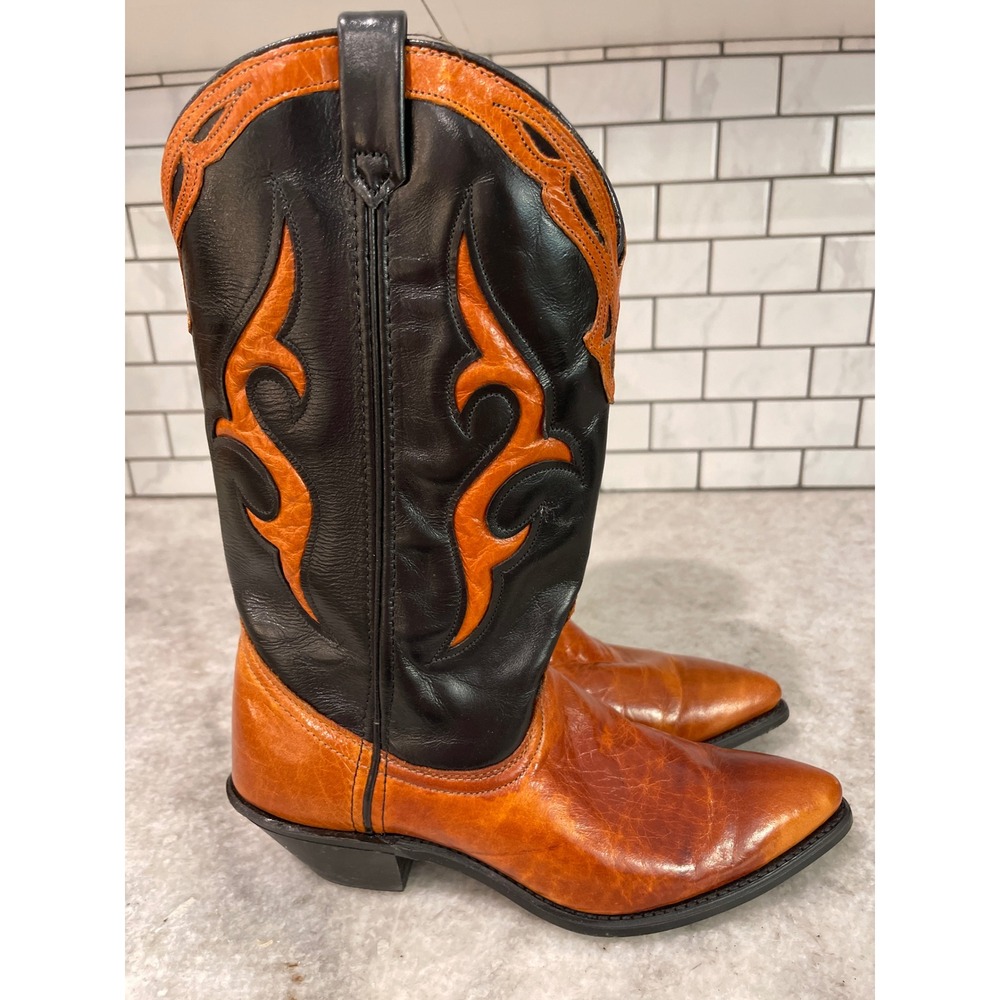 Dingo Cowboy Boots Women 6.5 Tan Black Flame Overlay Western 17694 Made in USA